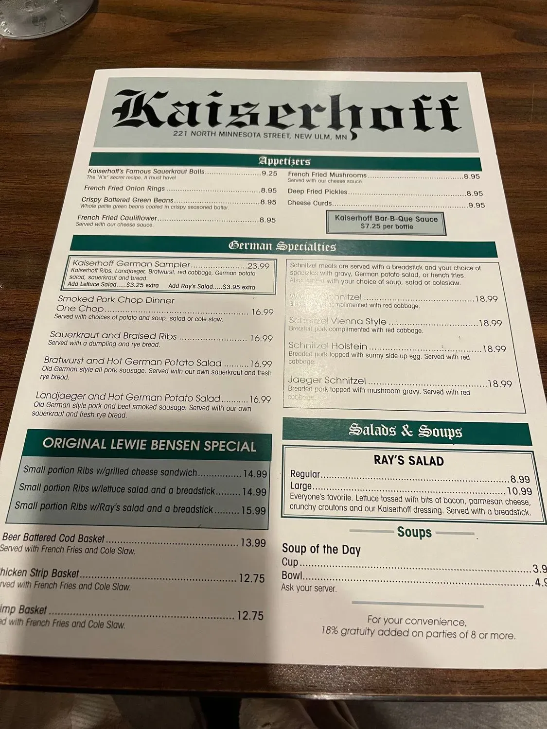 Kaiserhoff New Ulm Menu - Updated October 2025
