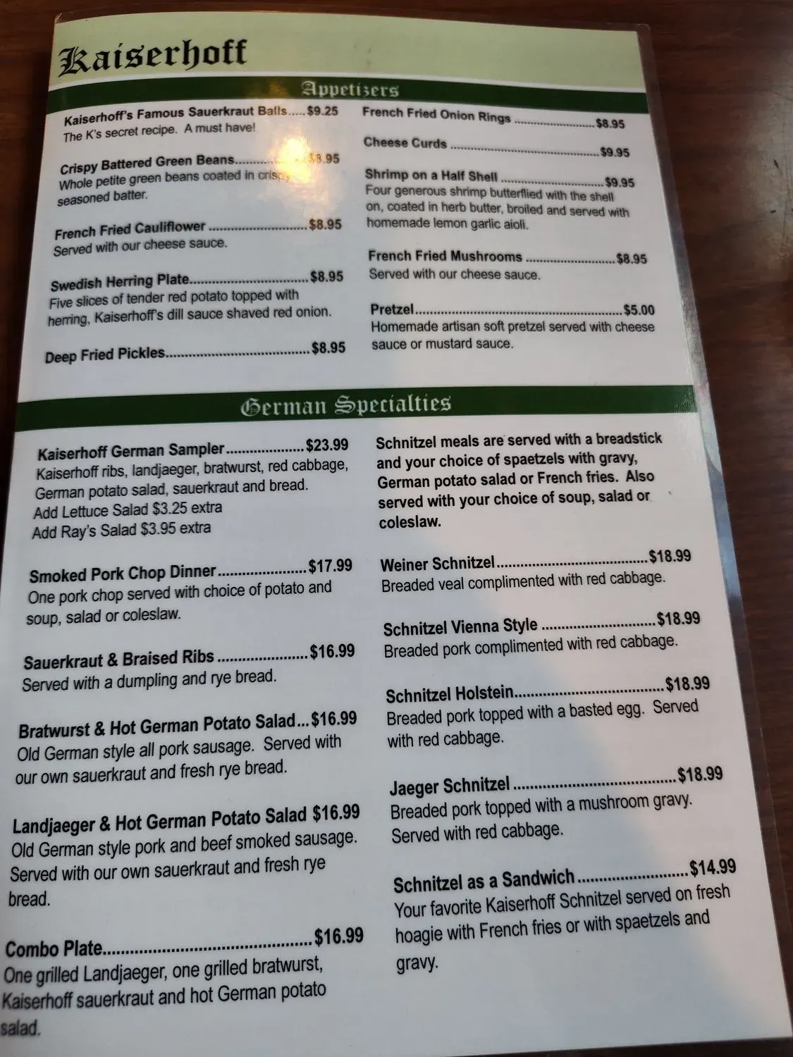 Kaiserhoff New Ulm Menu - Updated October 2025