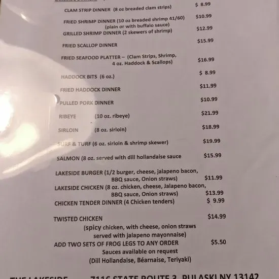 The Lakeside Restaurant Menu | Pulaski, NY | Checkle