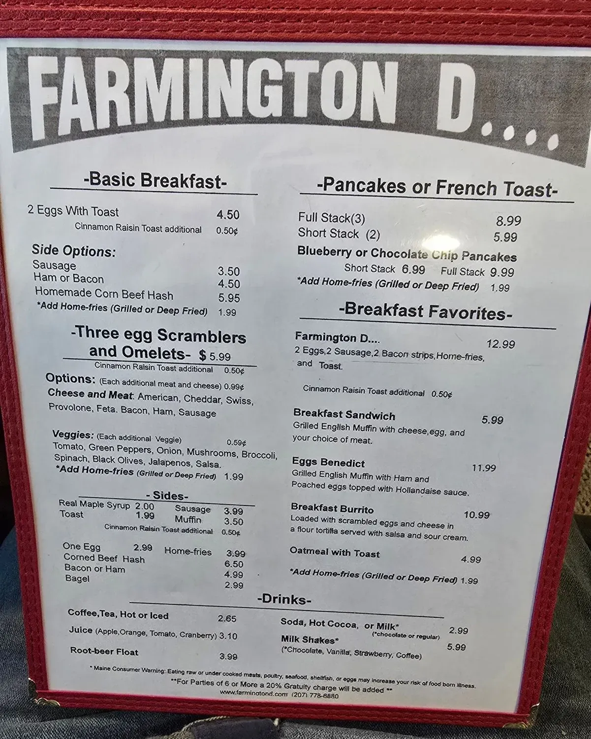 Farmington Diner Menu - Updated October 2025