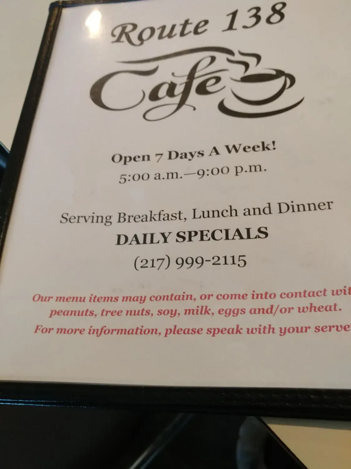 RT 138 Cafe Menu - Updated October 2025