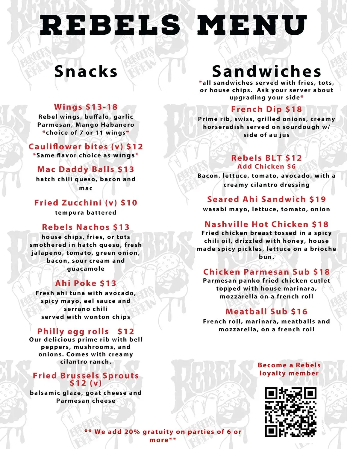 Rebels Burgers and Brew Menu - Updated October 2025