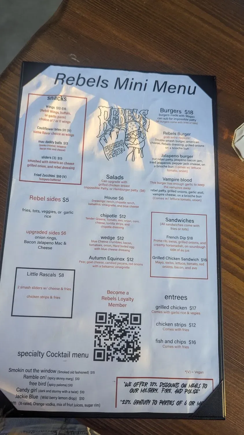 Rebels Burgers and Brew Menu - Updated October 2025
