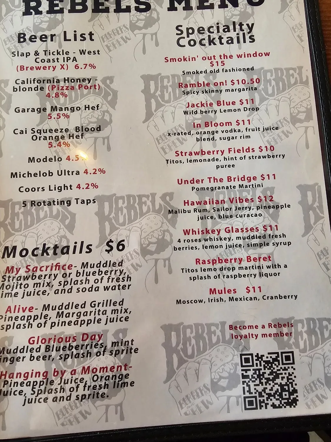 Rebels Burgers and Brew Menu - Updated October 2025