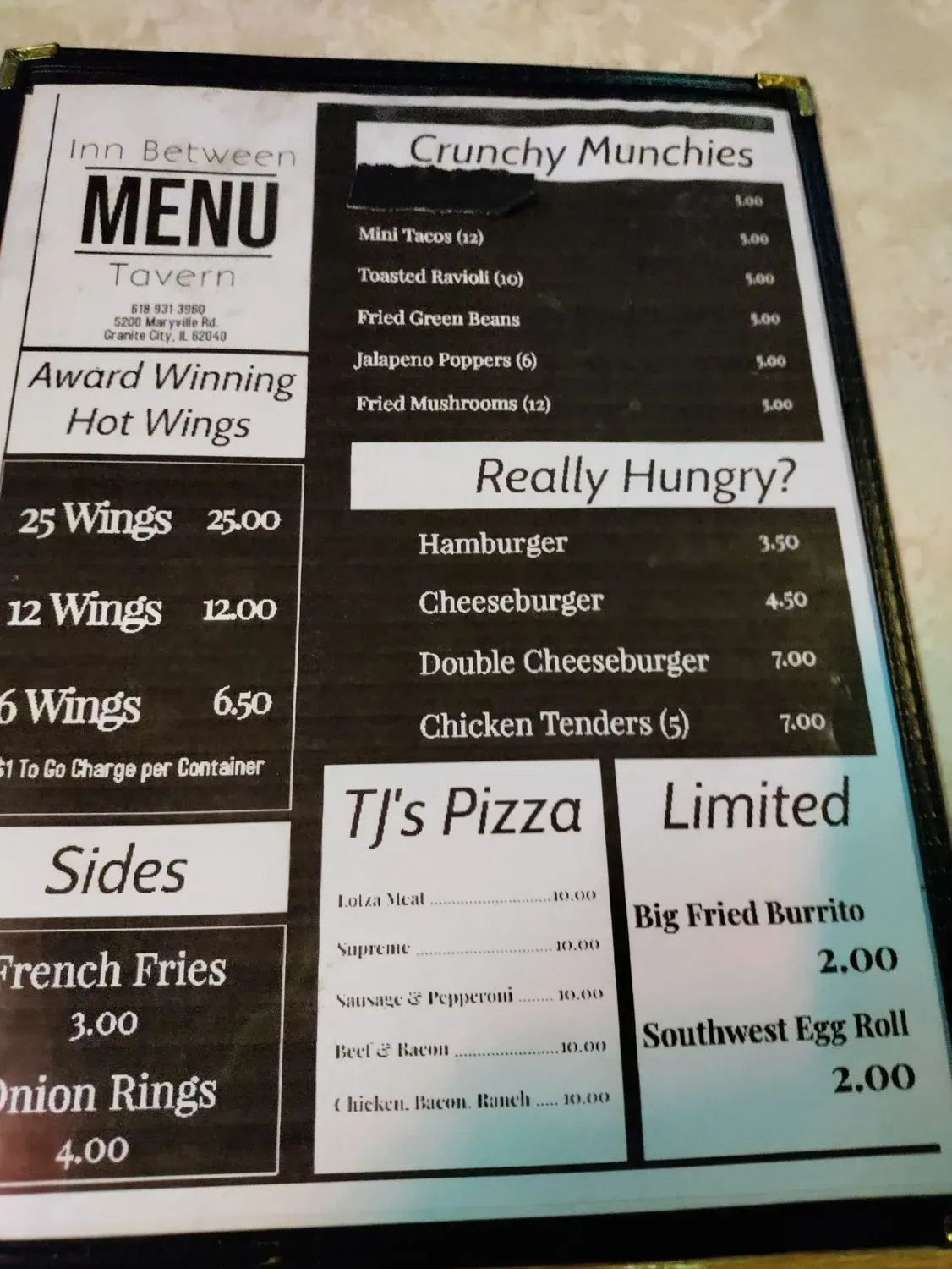 Inn Between Tavern Menu - Updated October 2025