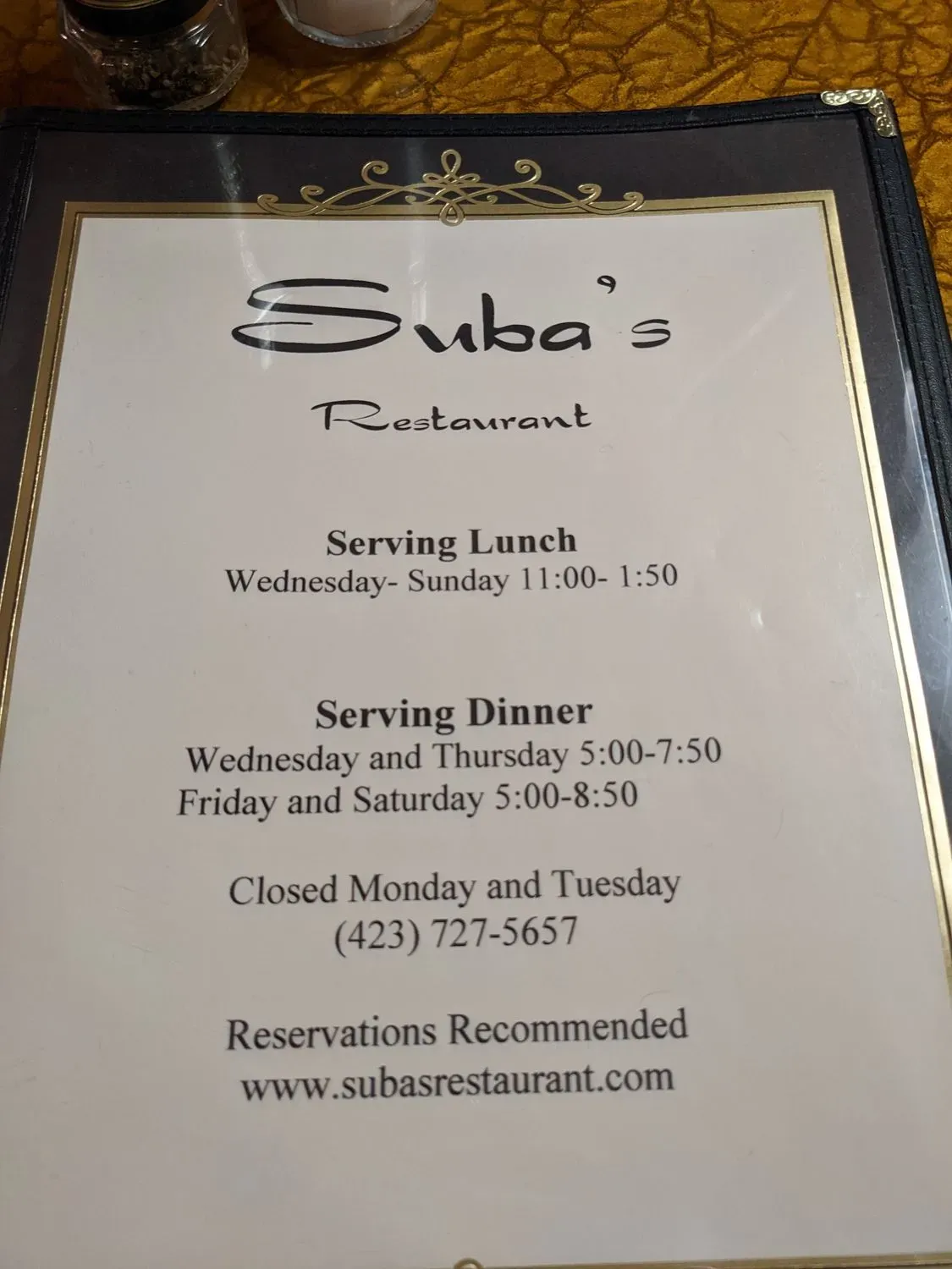 Suba's Restaurant Menu - Updated October 2025