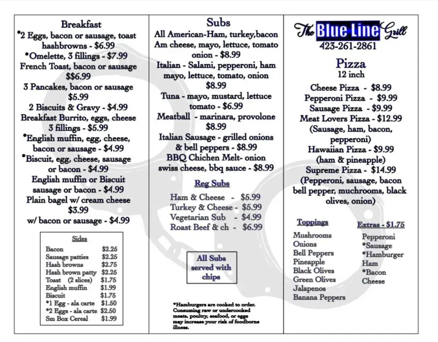 The Blue Line Grill Menu - Updated October 2025