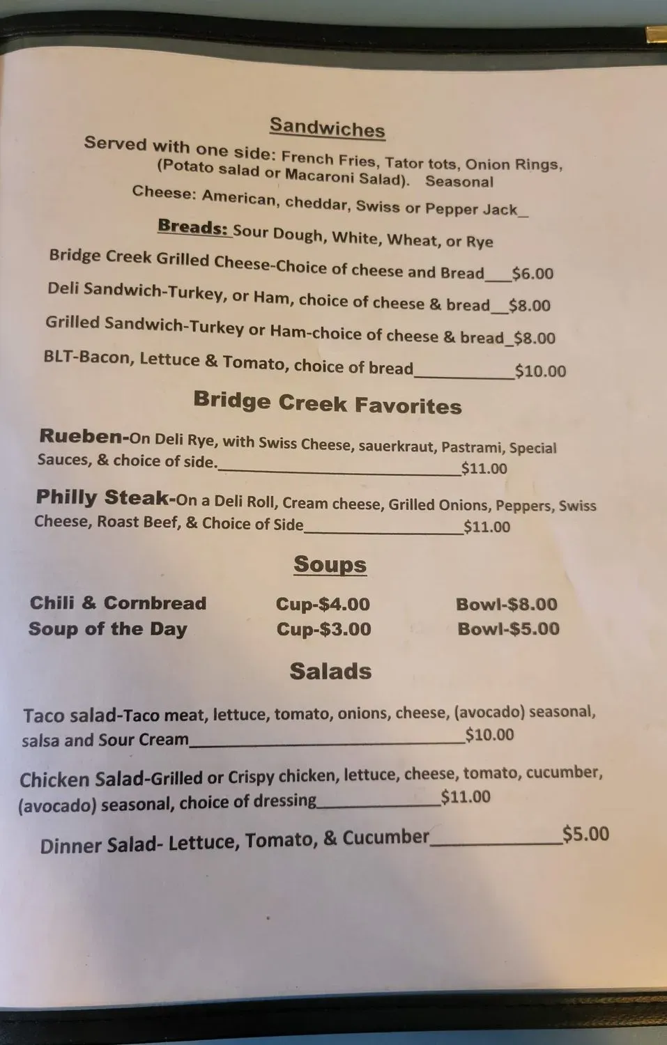 Bridge Creek Cafe Menu - Updated November 2025