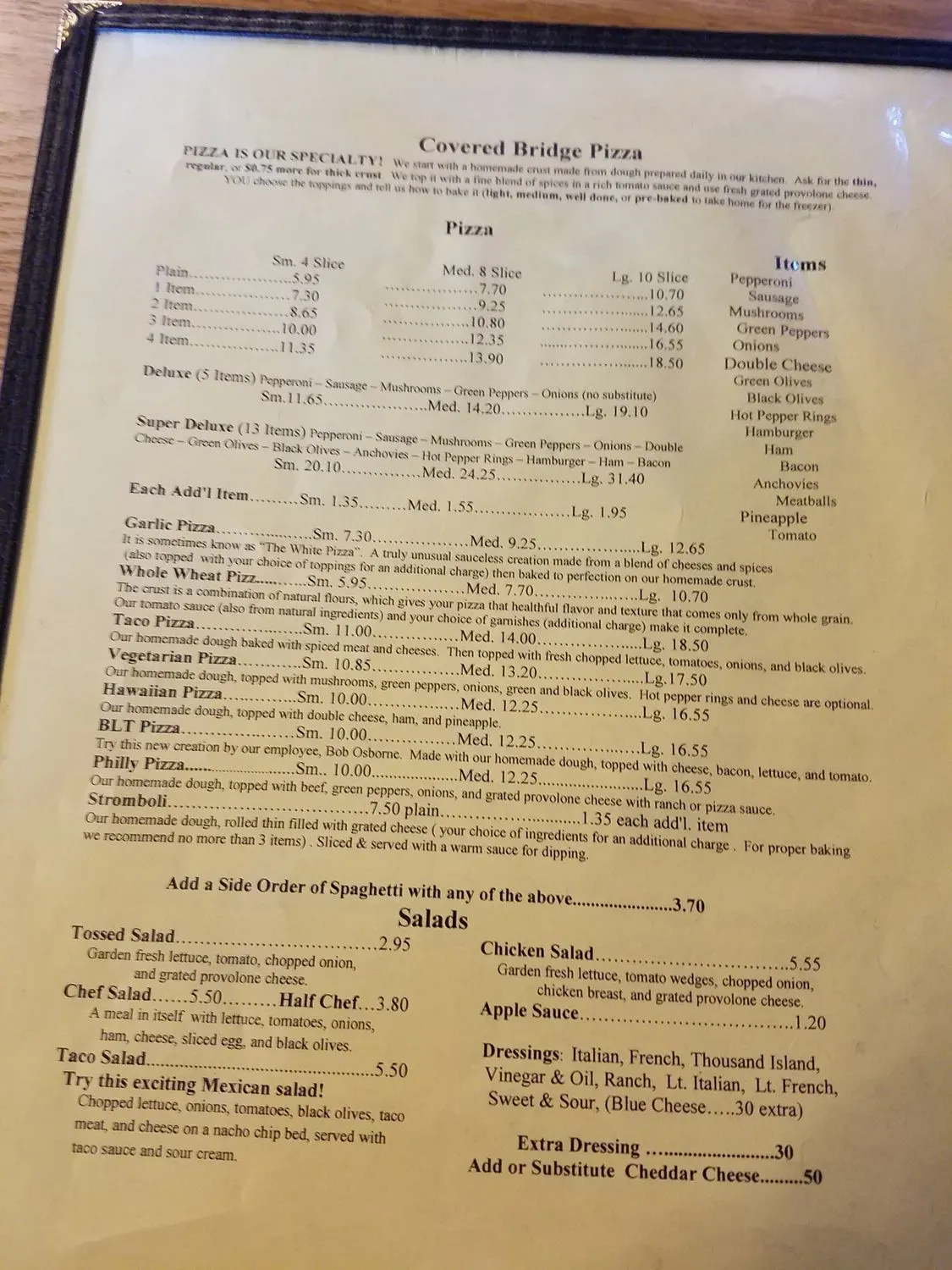 Covered Bridge Pizza Parlor Menu - Updated November 2025