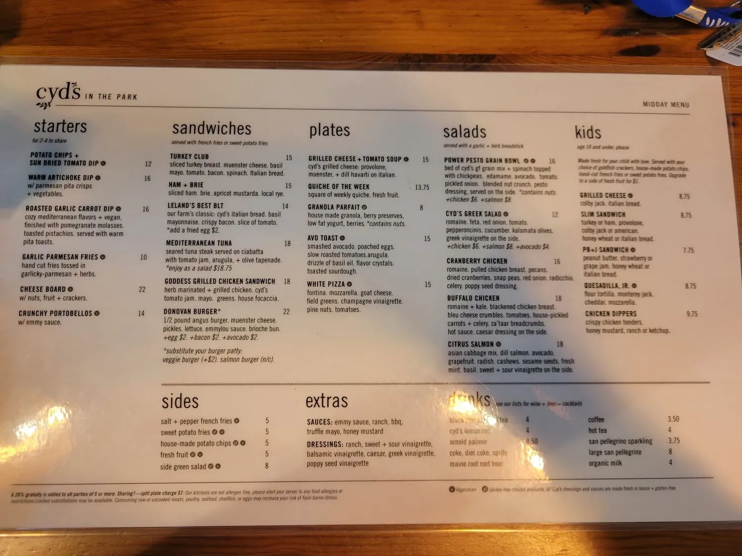 Cyd’s in the Park Menu - Updated November 2025