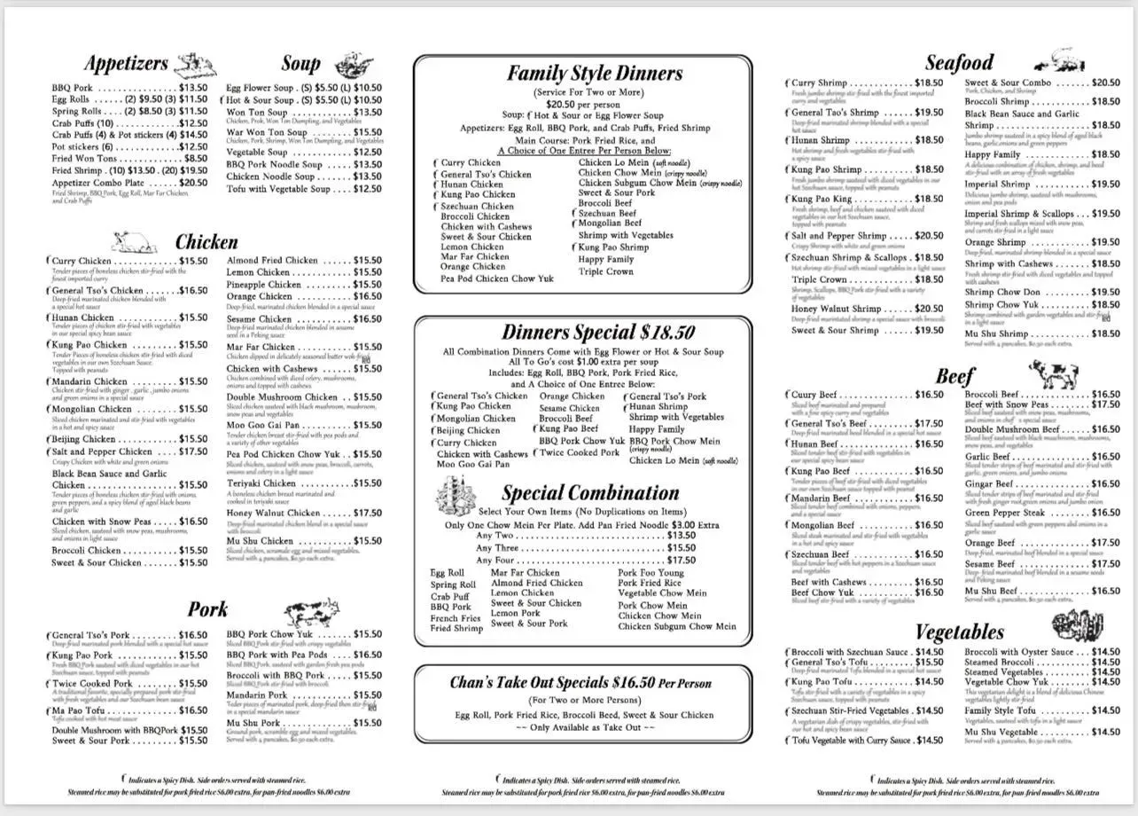 Chan's Restaurant Menu - Updated November 2025