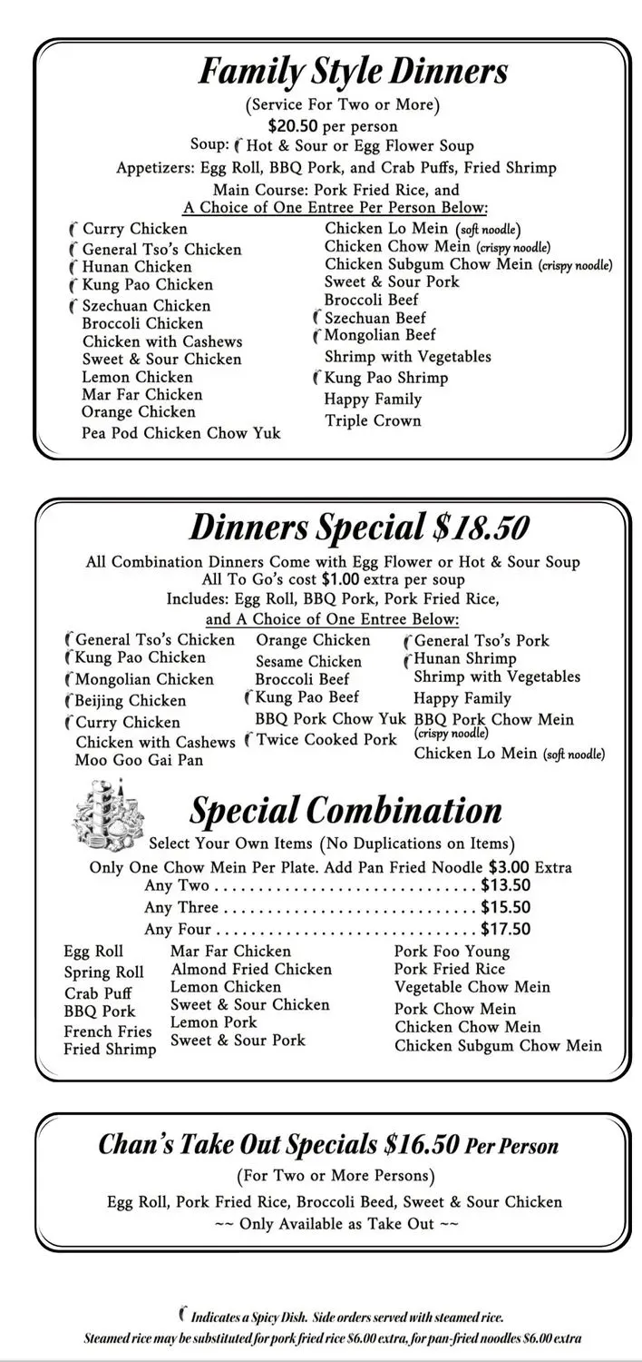 Chan's Restaurant Menu - Updated November 2025