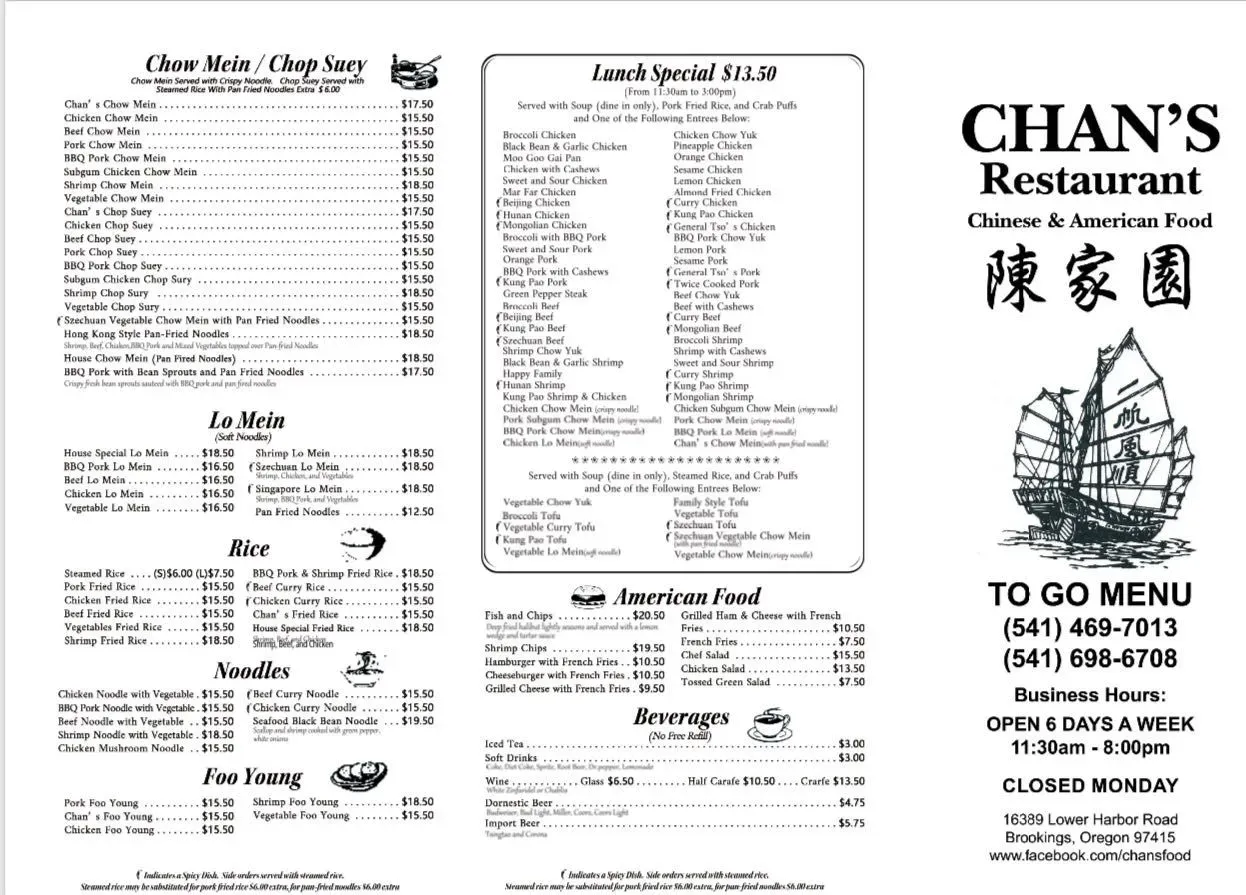 Chan's Restaurant Menu - Updated November 2025