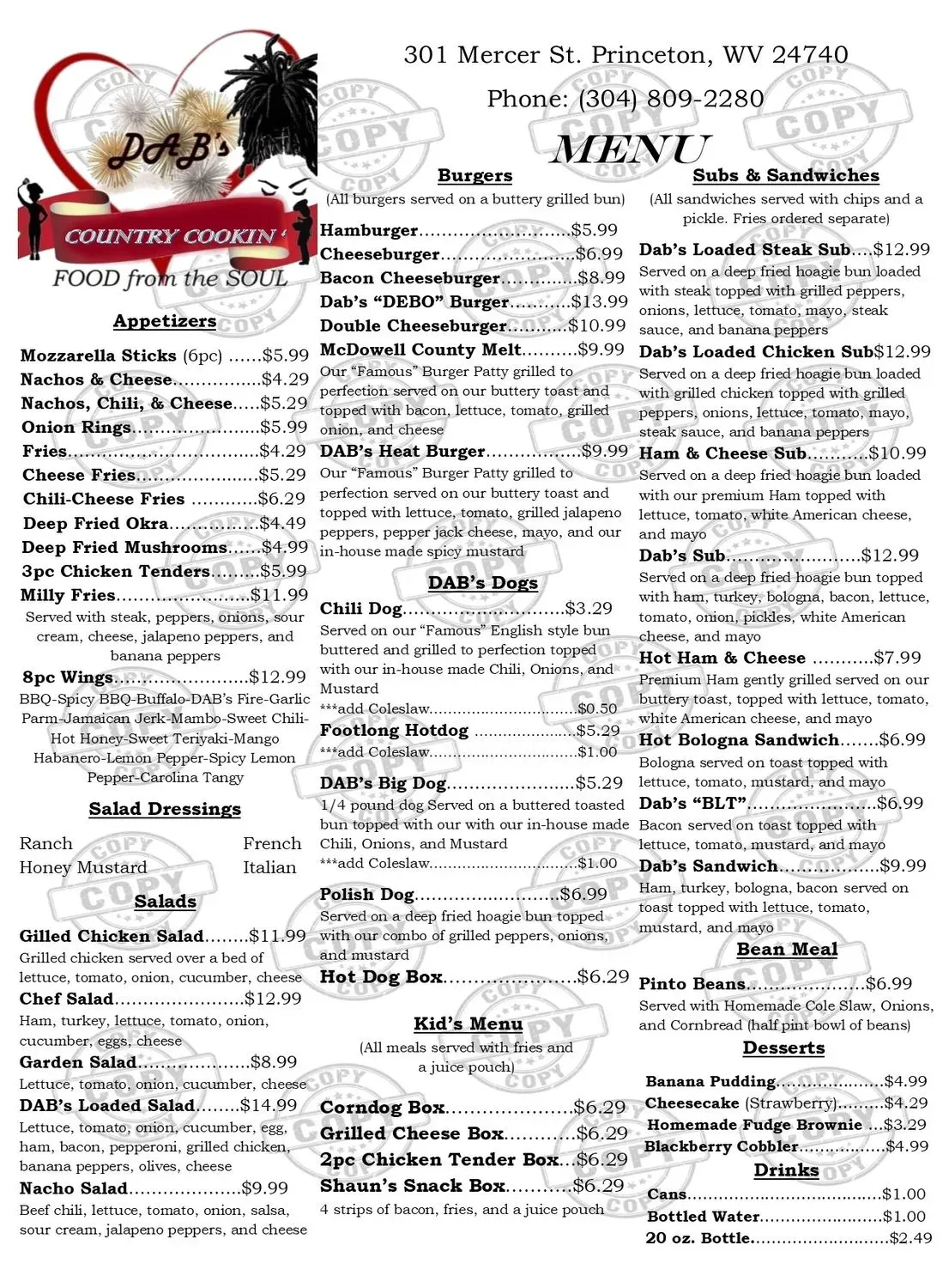 Dabs Country Cookin Menu - Updated November 2025