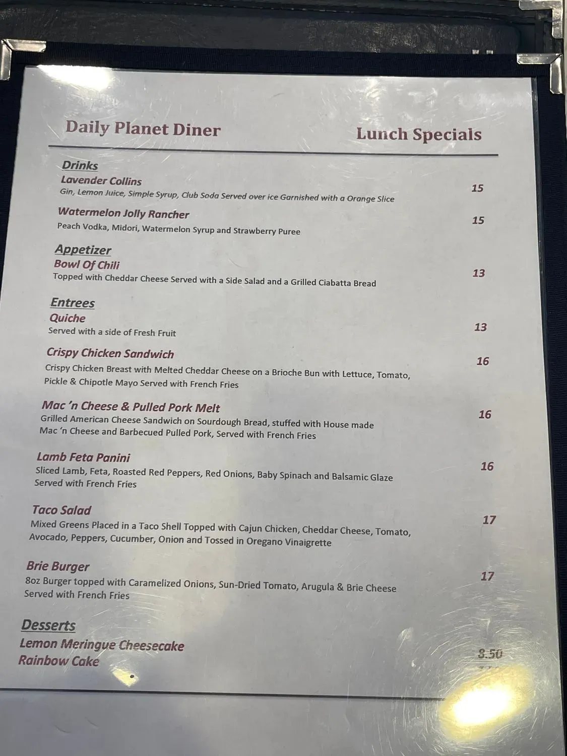 Daily Planet Menu - Updated November 2025