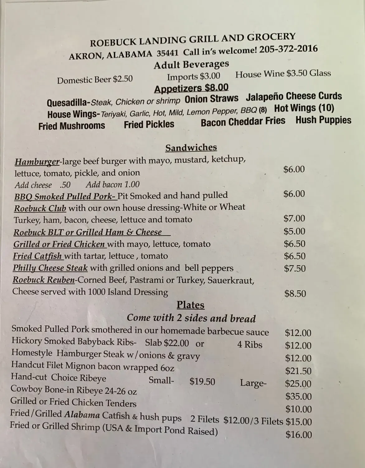 Roebuck Landing Grill & Grocery Menu - Updated August 2025
