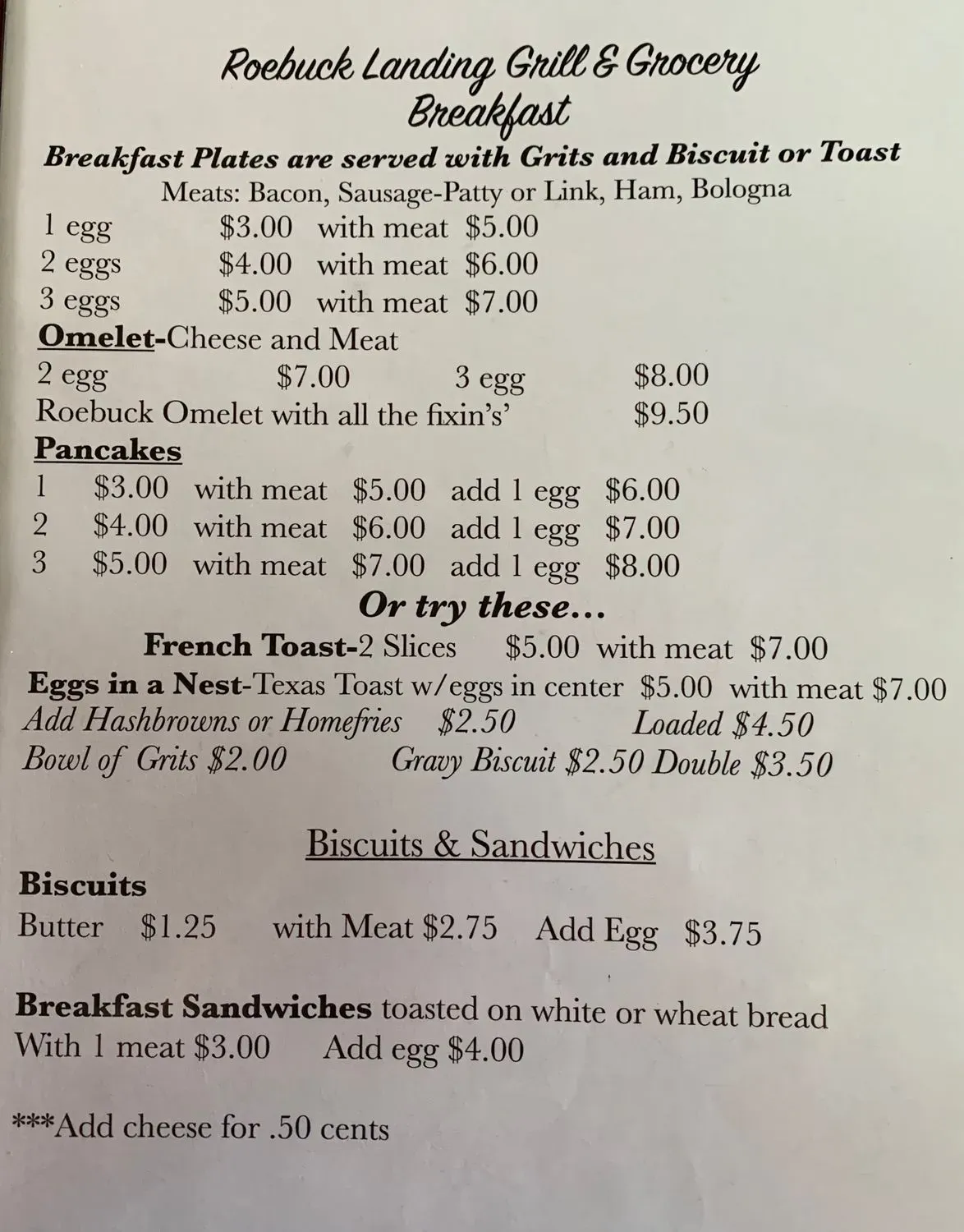 Roebuck Landing Grill & Grocery Menu - Updated August 2025