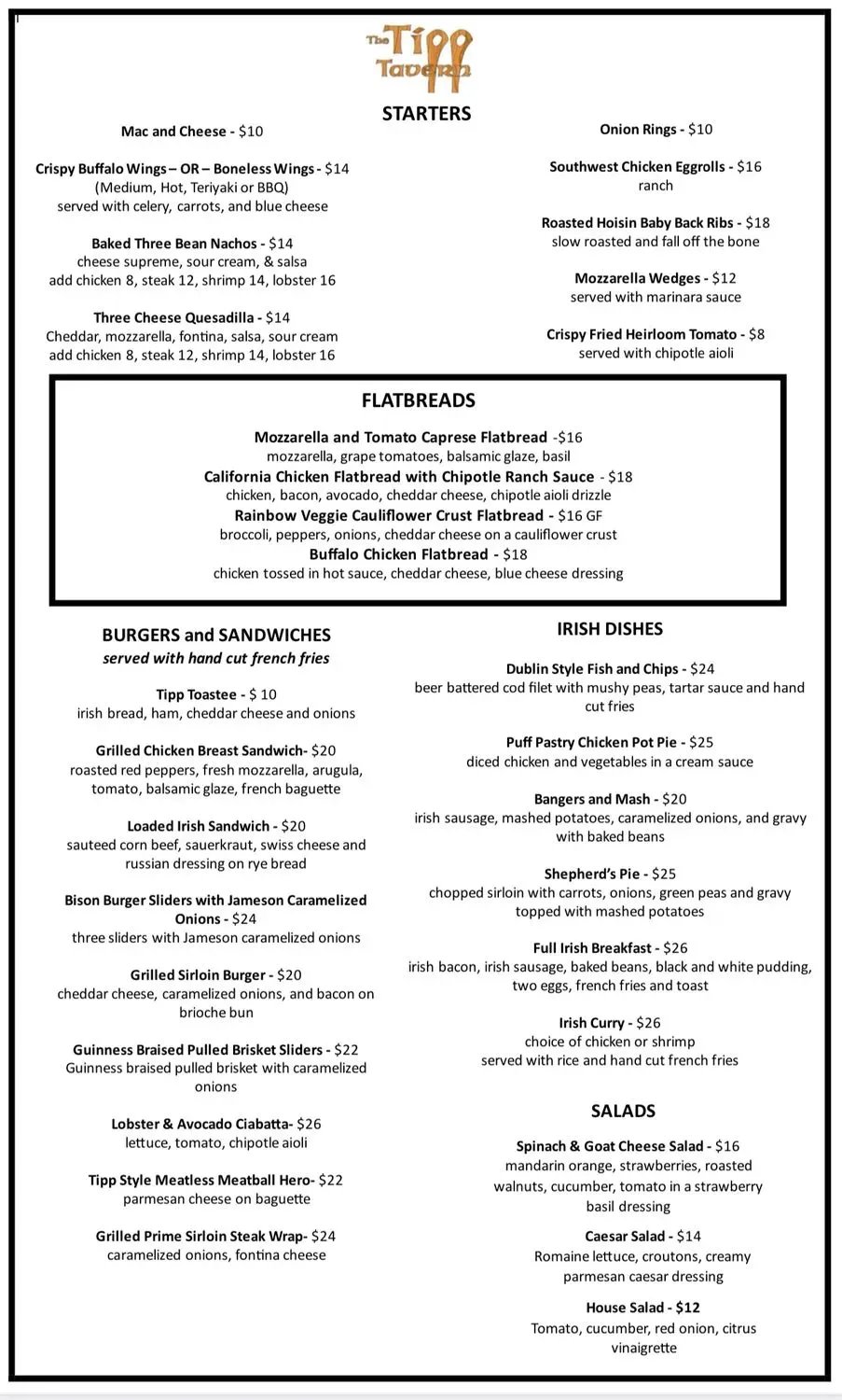 The Tipp Tavern Menu - Updated November 2025