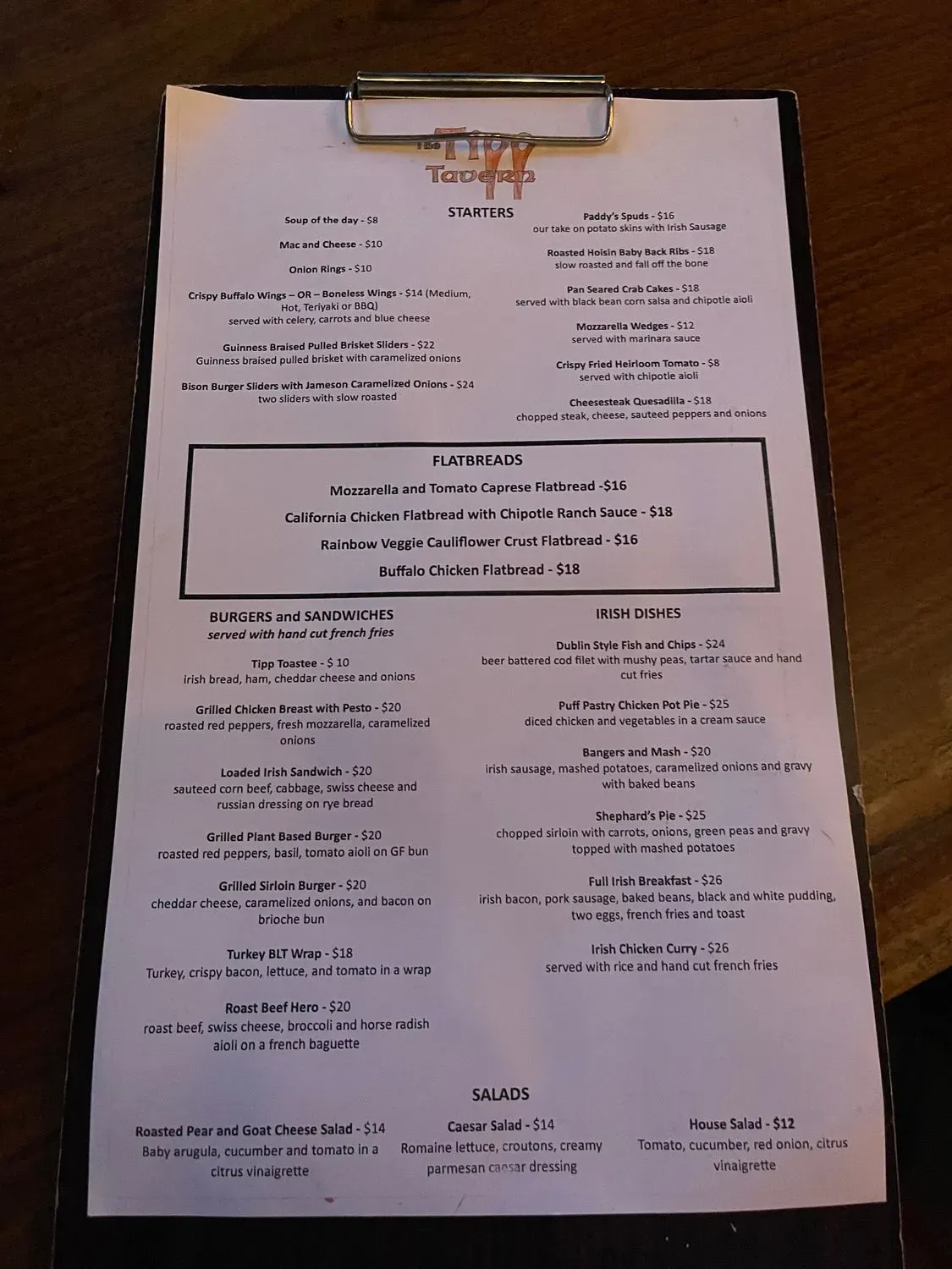 The Tipp Tavern Menu - Updated November 2025
