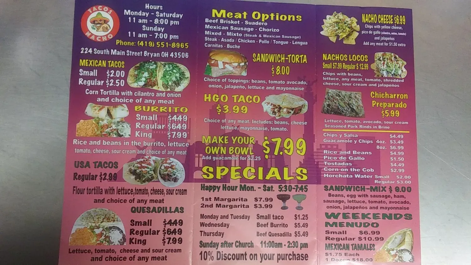 Tacos Nacho Menu - Updated November 2025
