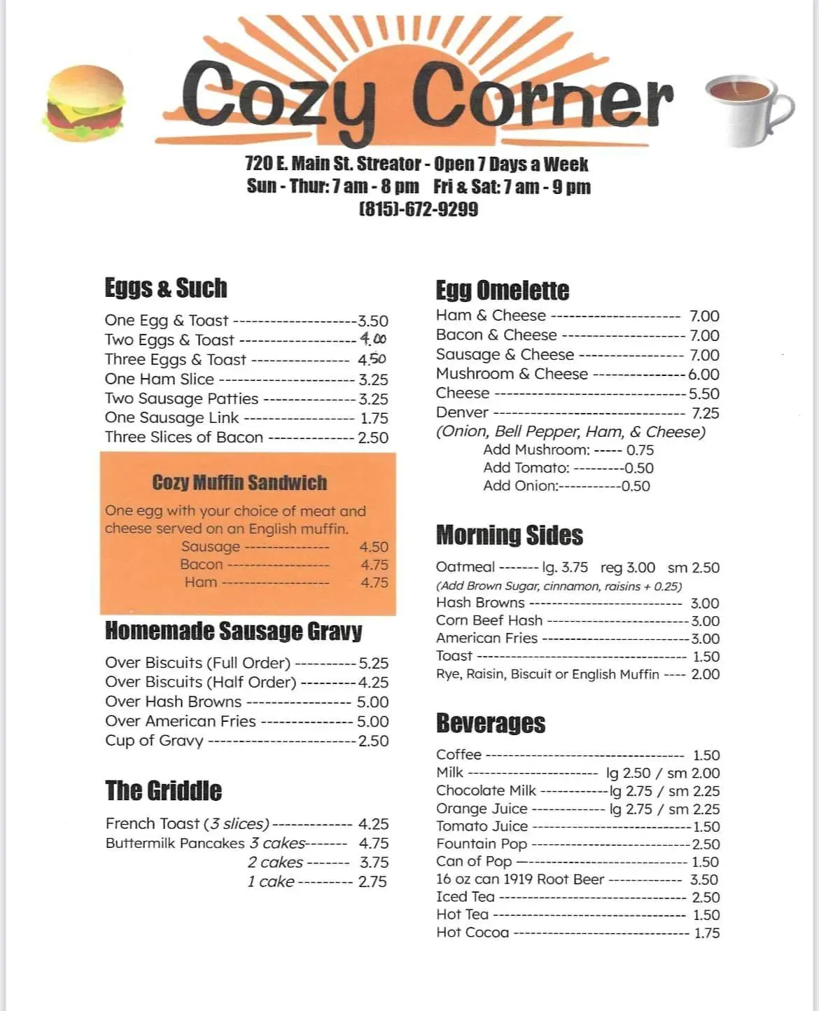 Cozy Corner Restaurant Menu - Updated November 2025