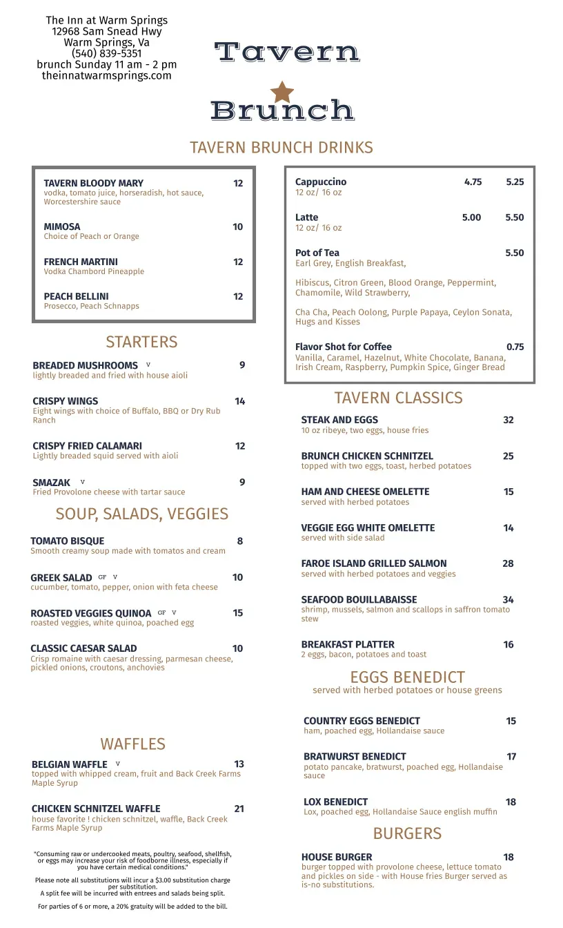The Tavern at The Inn At Warm Springs Menu - Updated November 2025