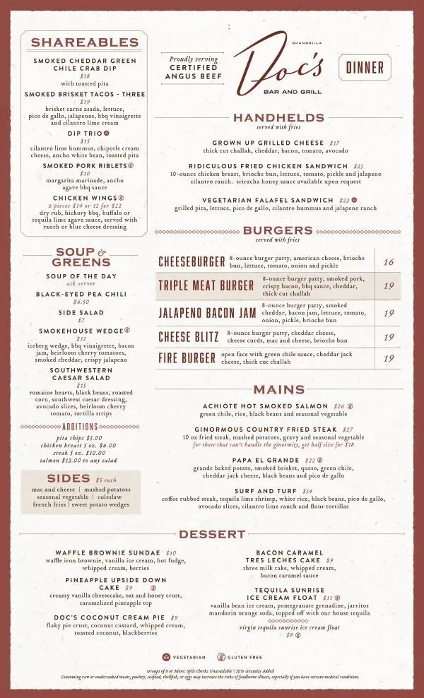 Doc's Bar & Grill Menu - Updated November 2025