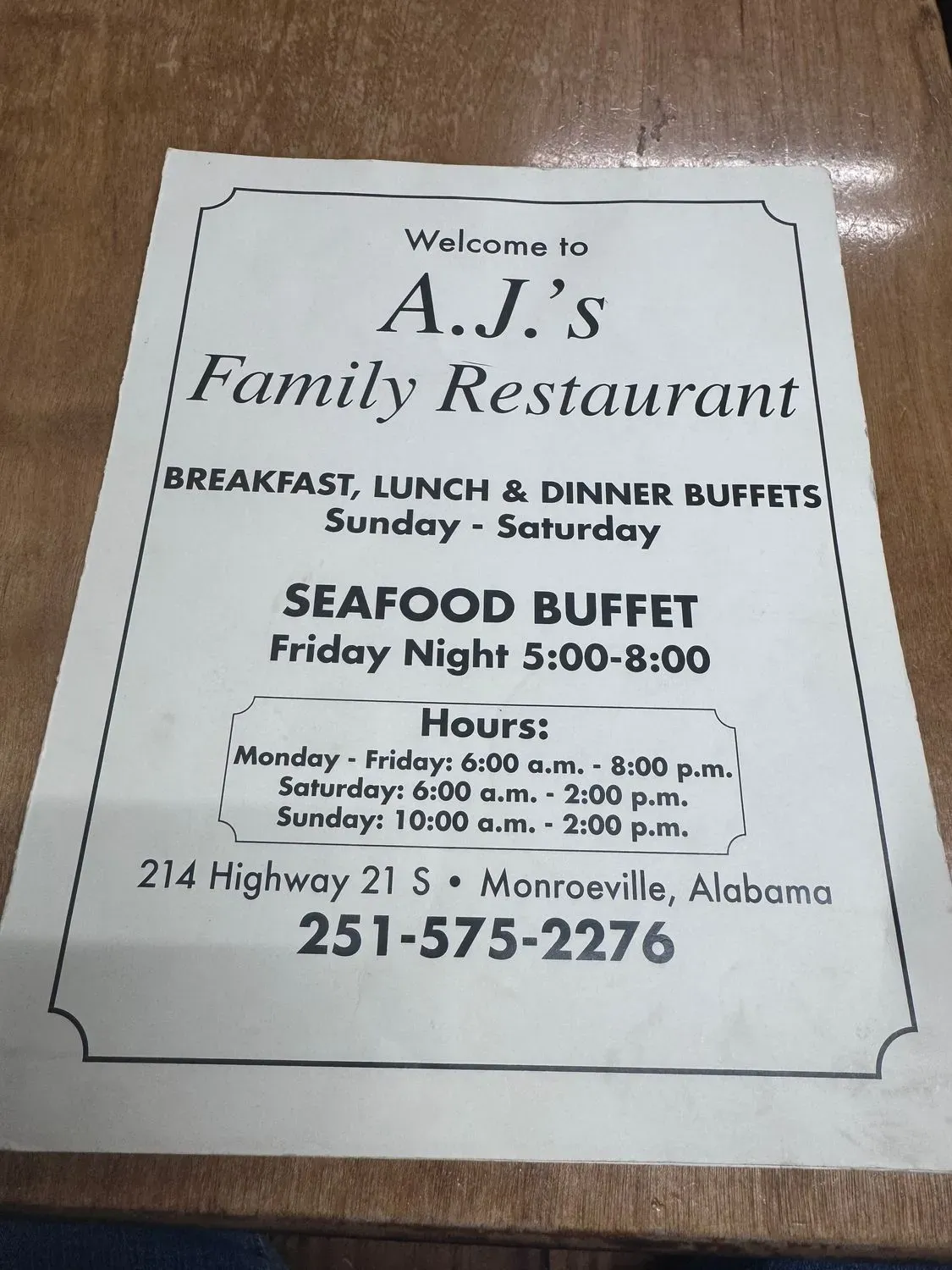 AJ's Family & Restaurant Menu - Updated November 2025