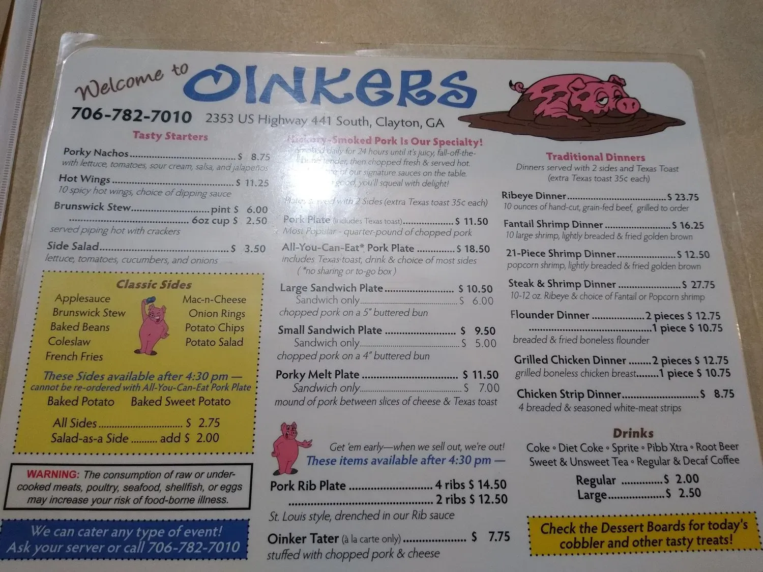 Oinkers Menu - Updated November 2025