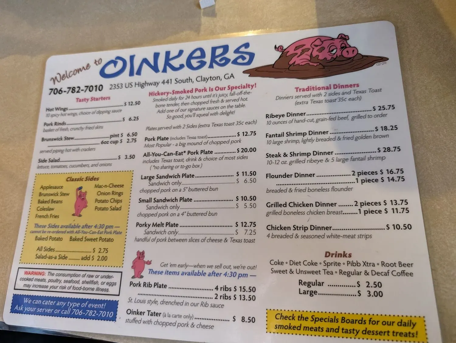 Oinkers Menu - Updated November 2025