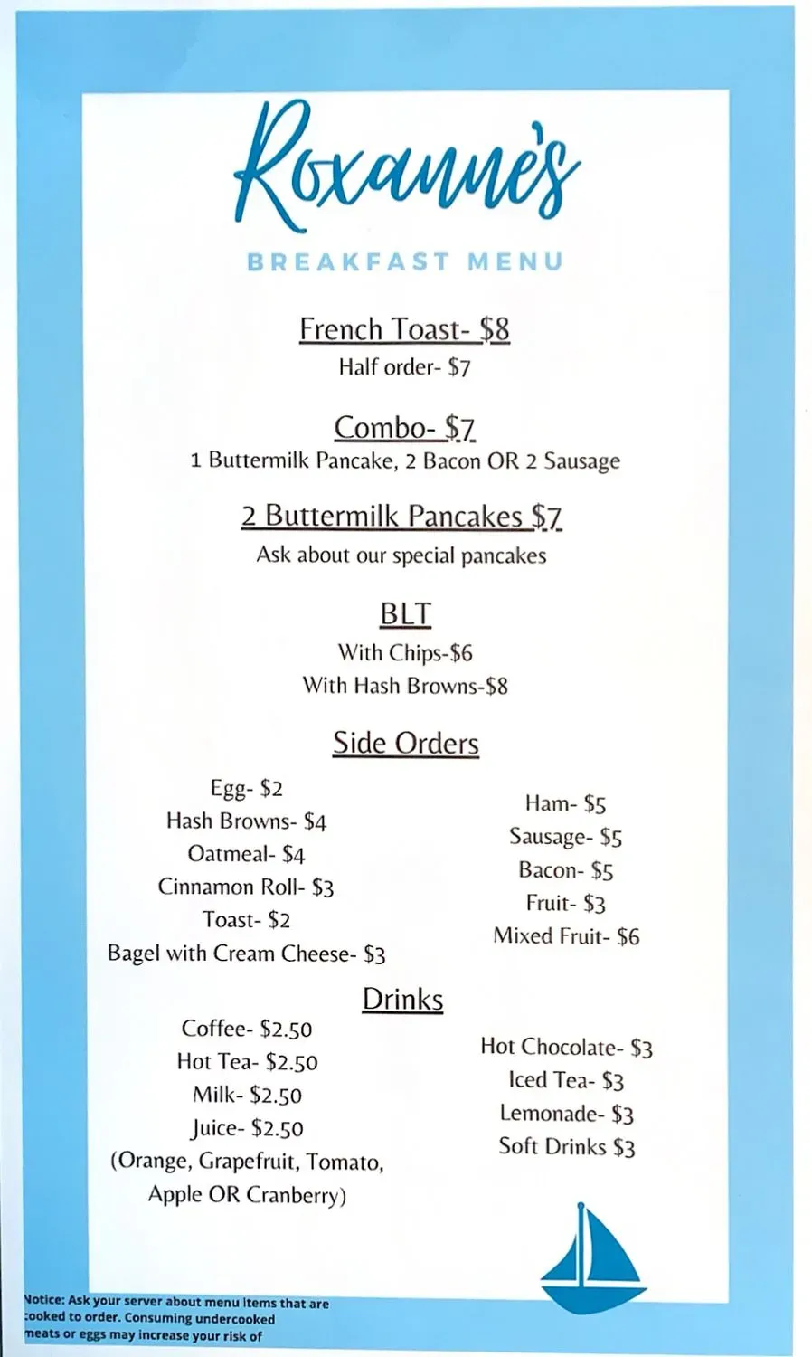 Roxanne's Menu - Updated November 2025