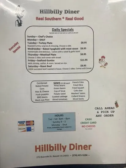 Hillbilly Diner Menu Bassett VA Checkle
