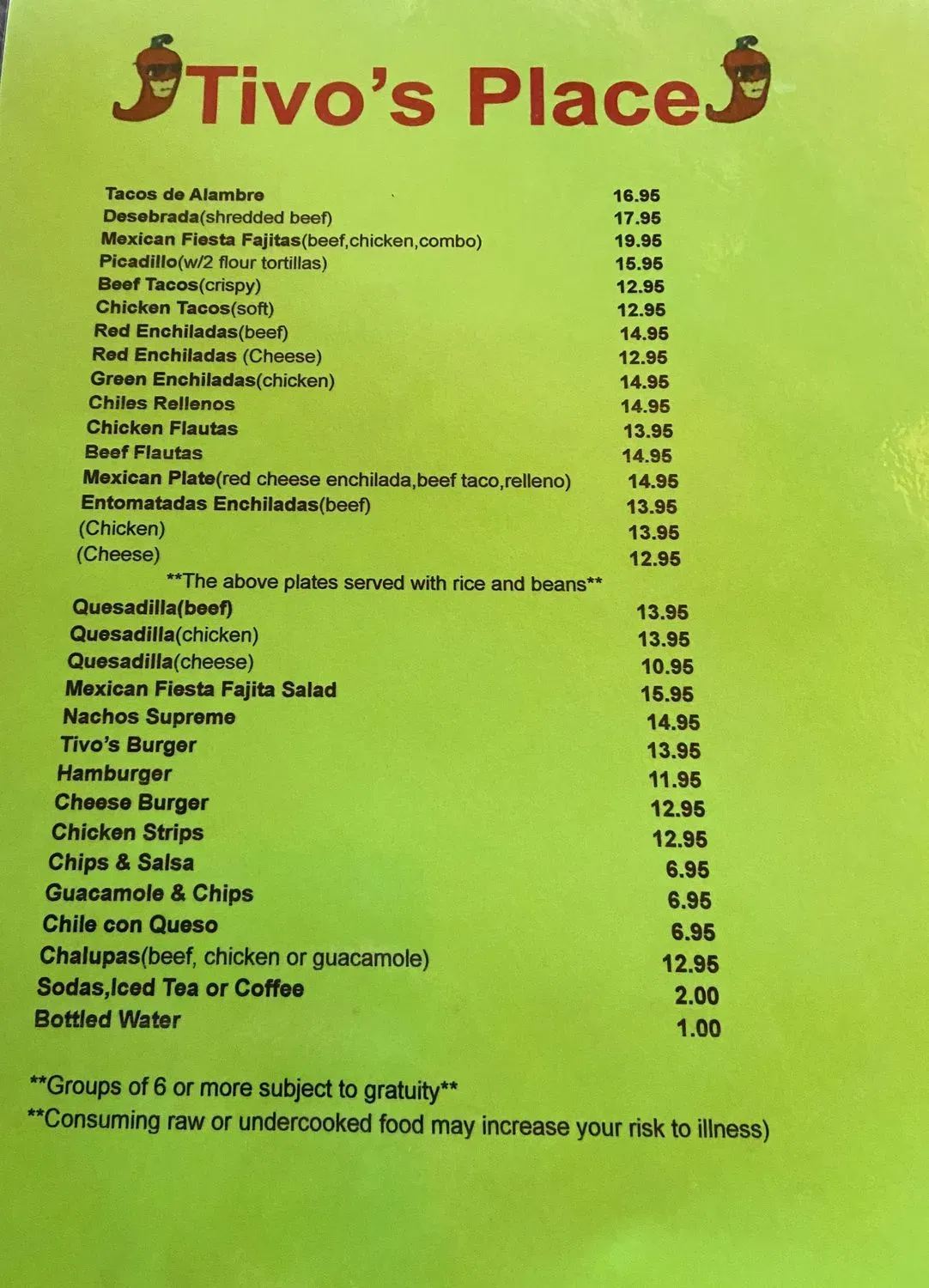 Tivo's Place Restaurant Menu - Updated November 2025