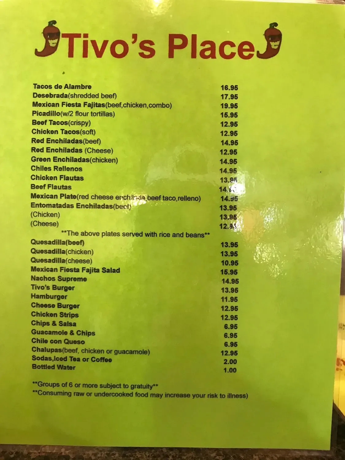 Tivo's Place Restaurant Menu - Updated November 2025