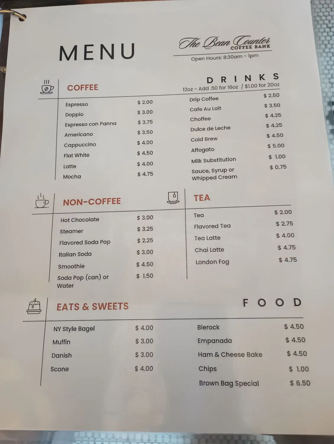 The Bean Counter Menu - Updated November 2025