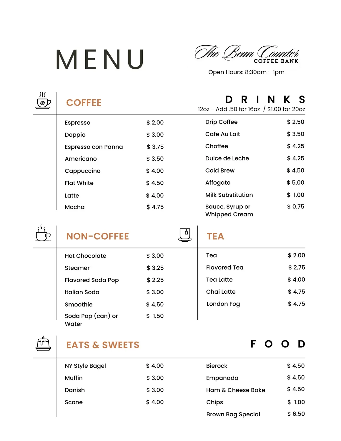 The Bean Counter Menu - Updated November 2025