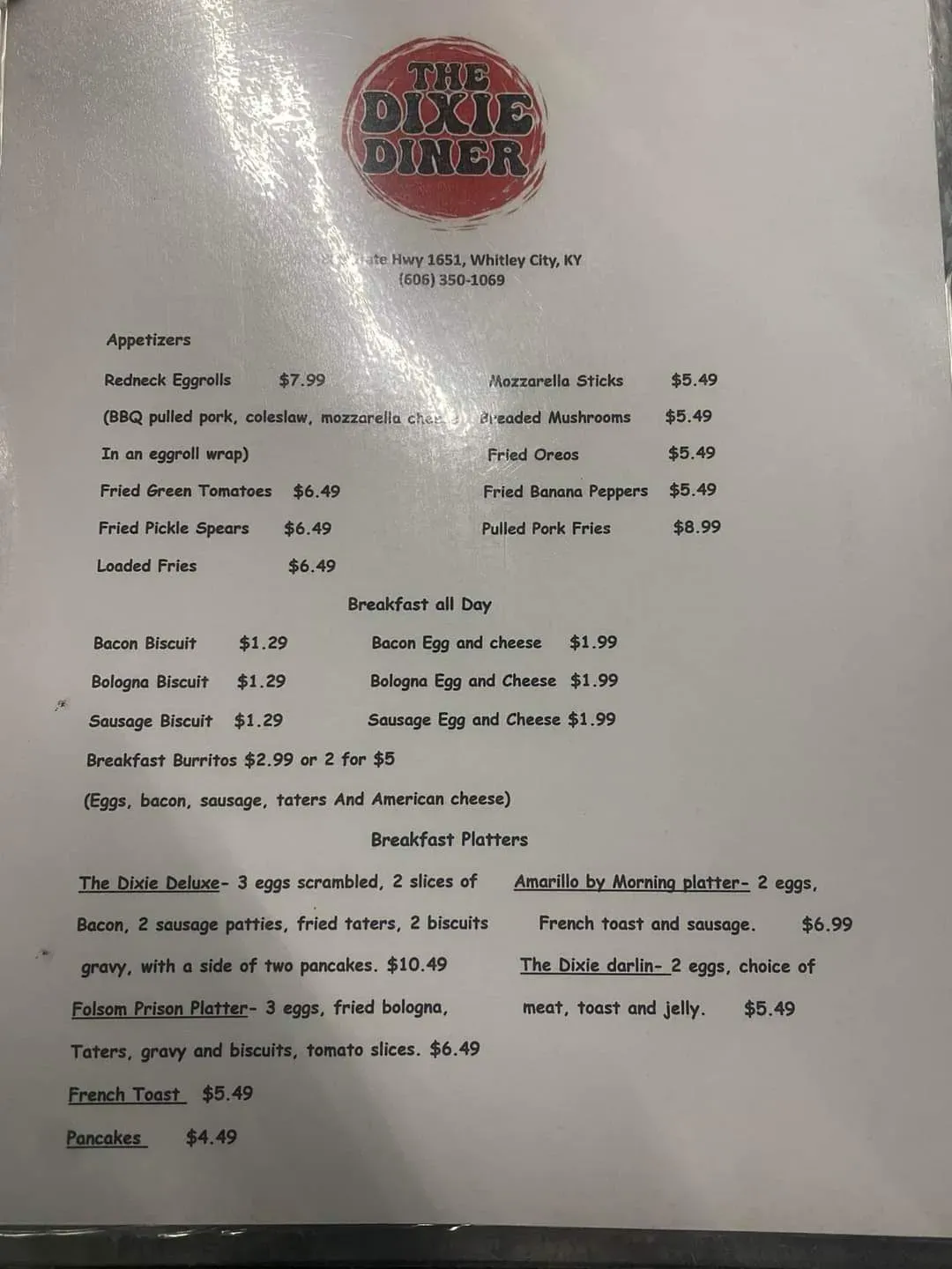 The Dixie Diner Menu - Updated November 2025