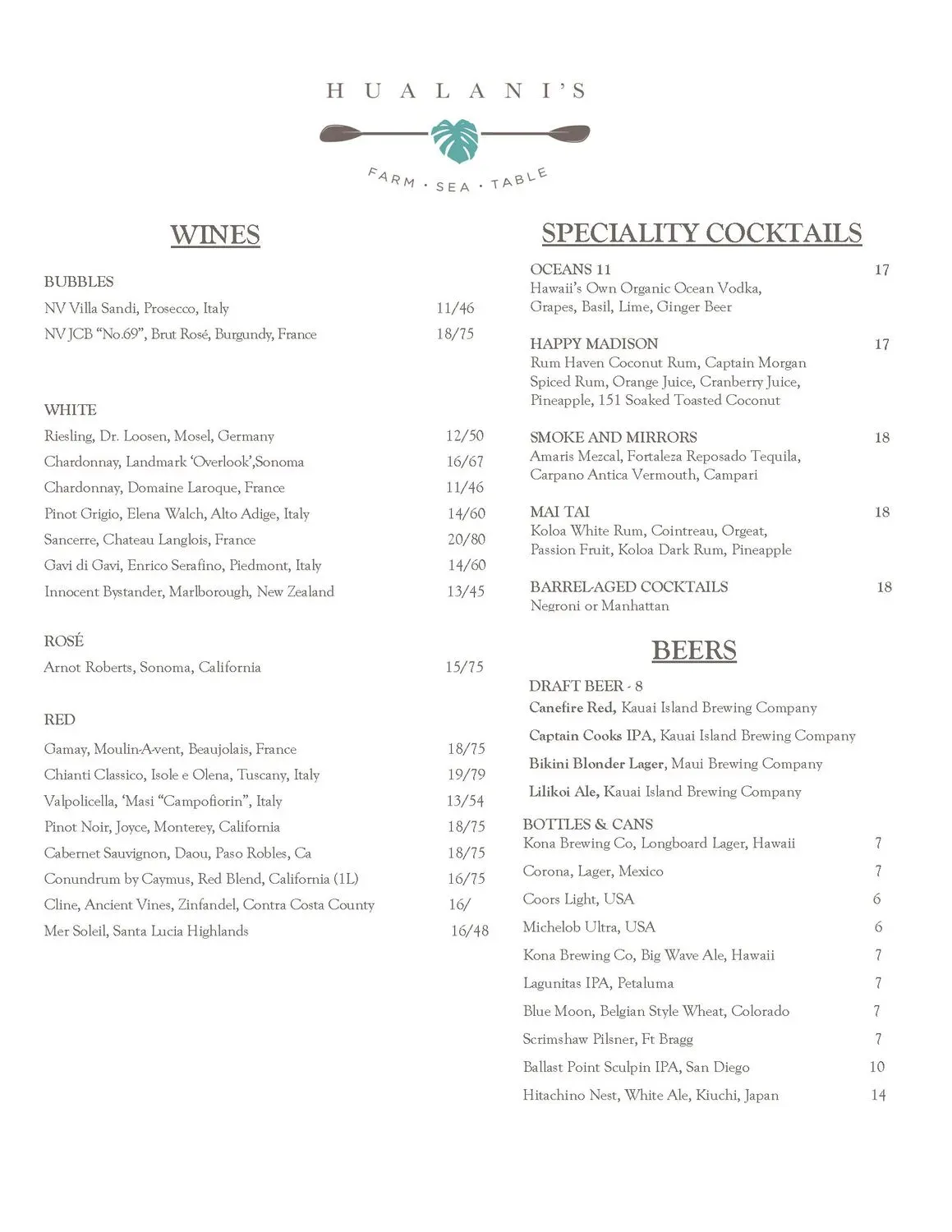 Hualani's Menu - Updated November 2025