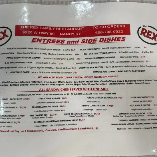 The Rex Family Restaurant Menu | Nancy, KY | Checkle