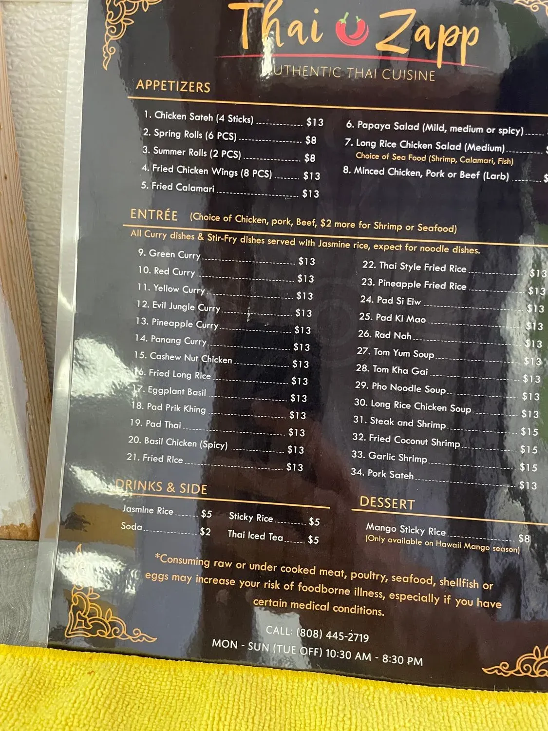 Thai Zapp 2 Menu - Updated November 2025
