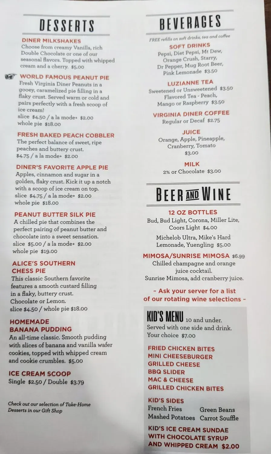 Virginia Diner Menu - Updated November 2025