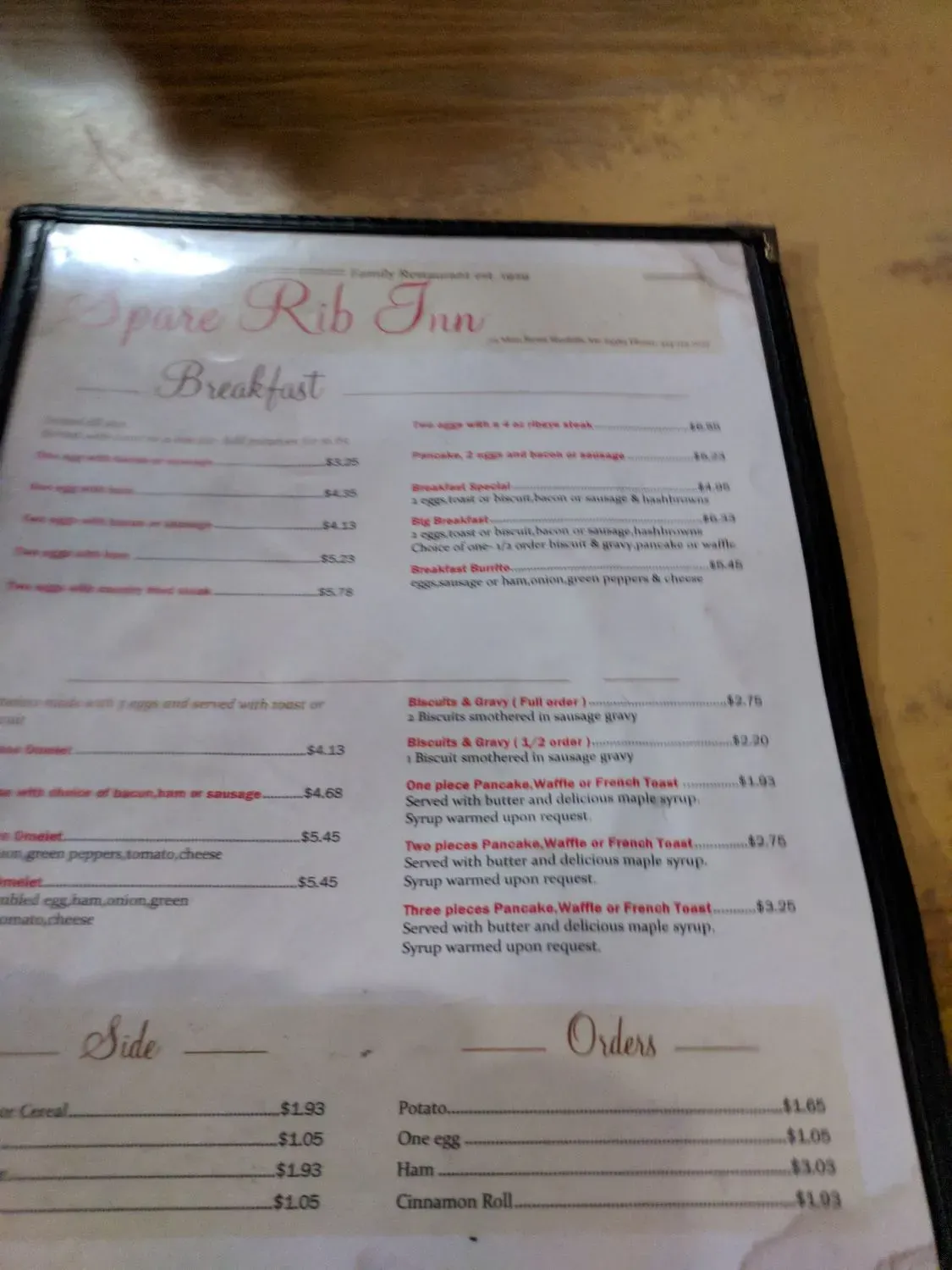 Spare Rib Inn Menu - Updated November 2025
