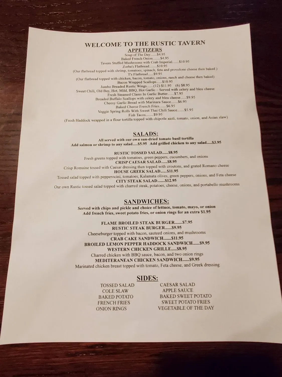 Rustic Tavern Menu - Updated November 2025