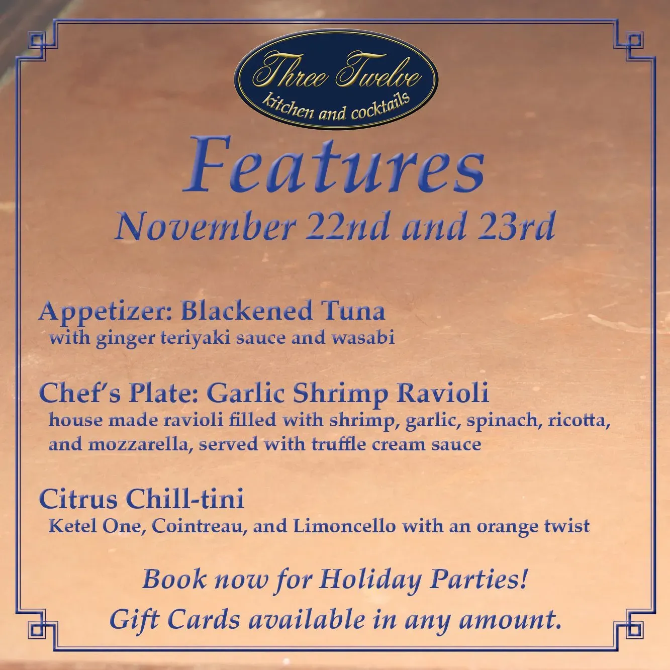 Three Twelve Kitchen and Cocktails Menu - Updated November 2025