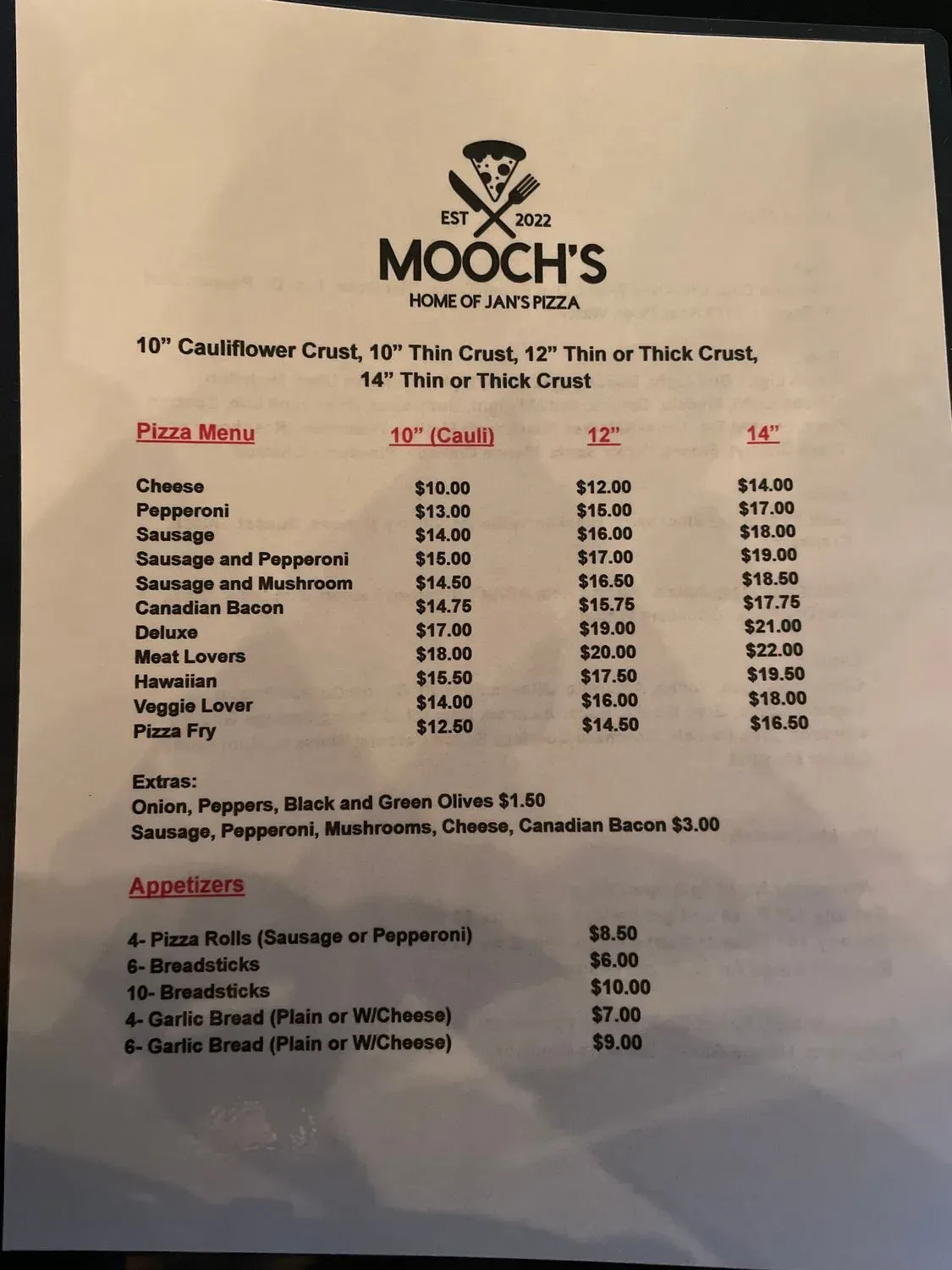 Mooch's Pizzeria- Home of Jan’s Pizza Menu - Updated November 2025