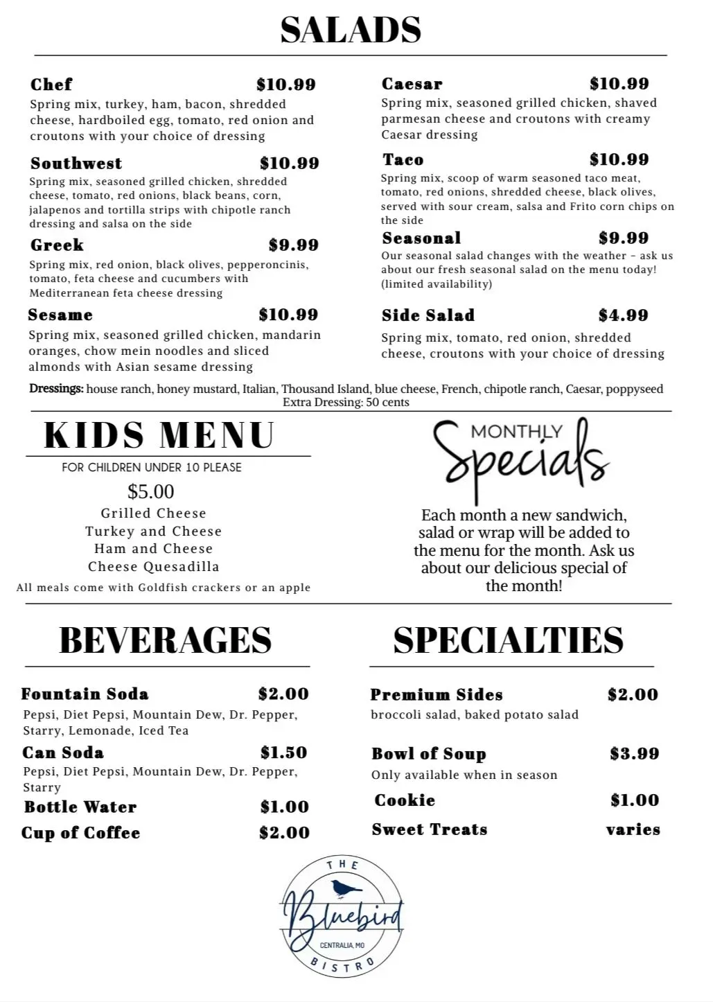 The Bluebird Bistro Menu - Updated November 2025