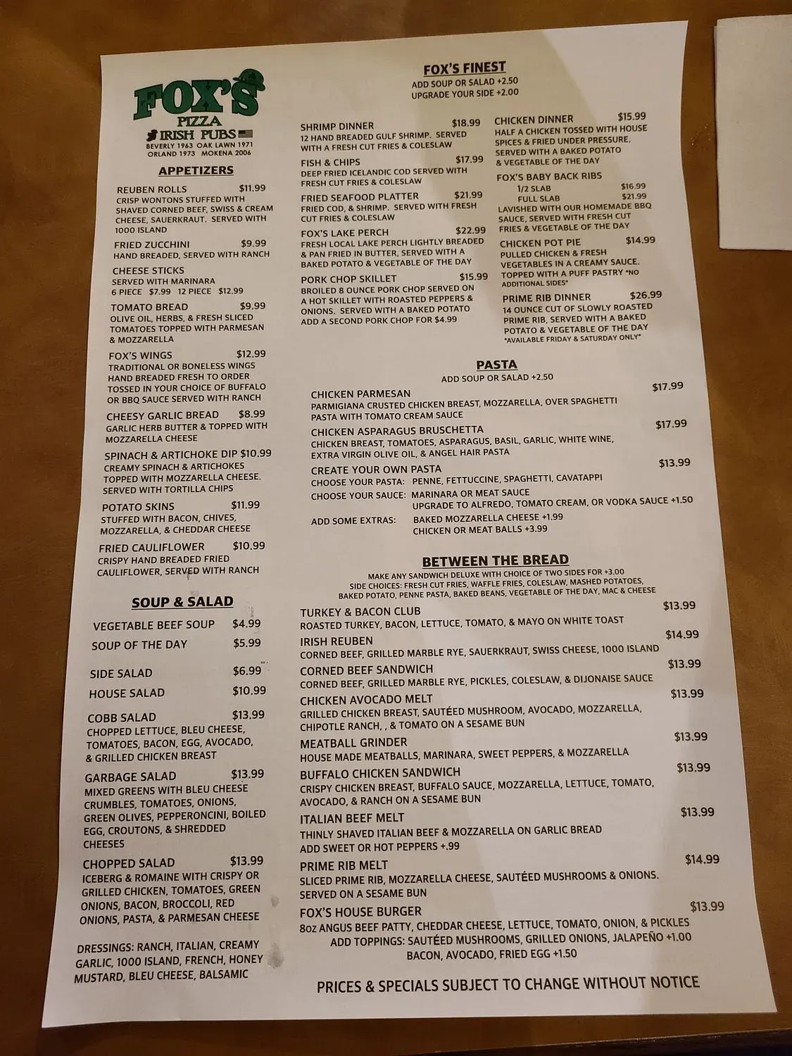 Fox's Pizza & Irish Pub Orland Park Menu - Updated November 2025