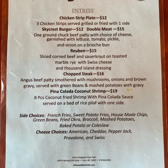 The Skycrest Restaurant Menu | Paris, AR | Checkle