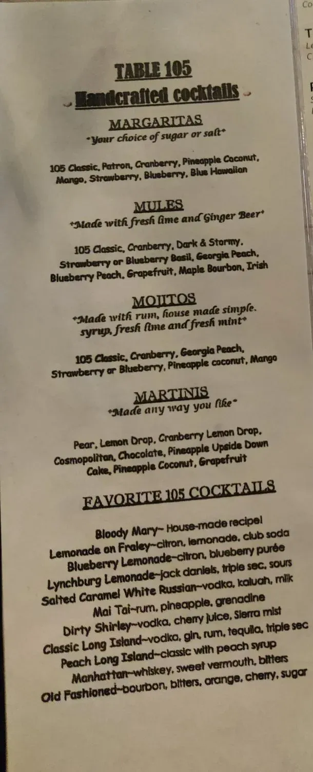 Table 105 Menu - Updated November 2025