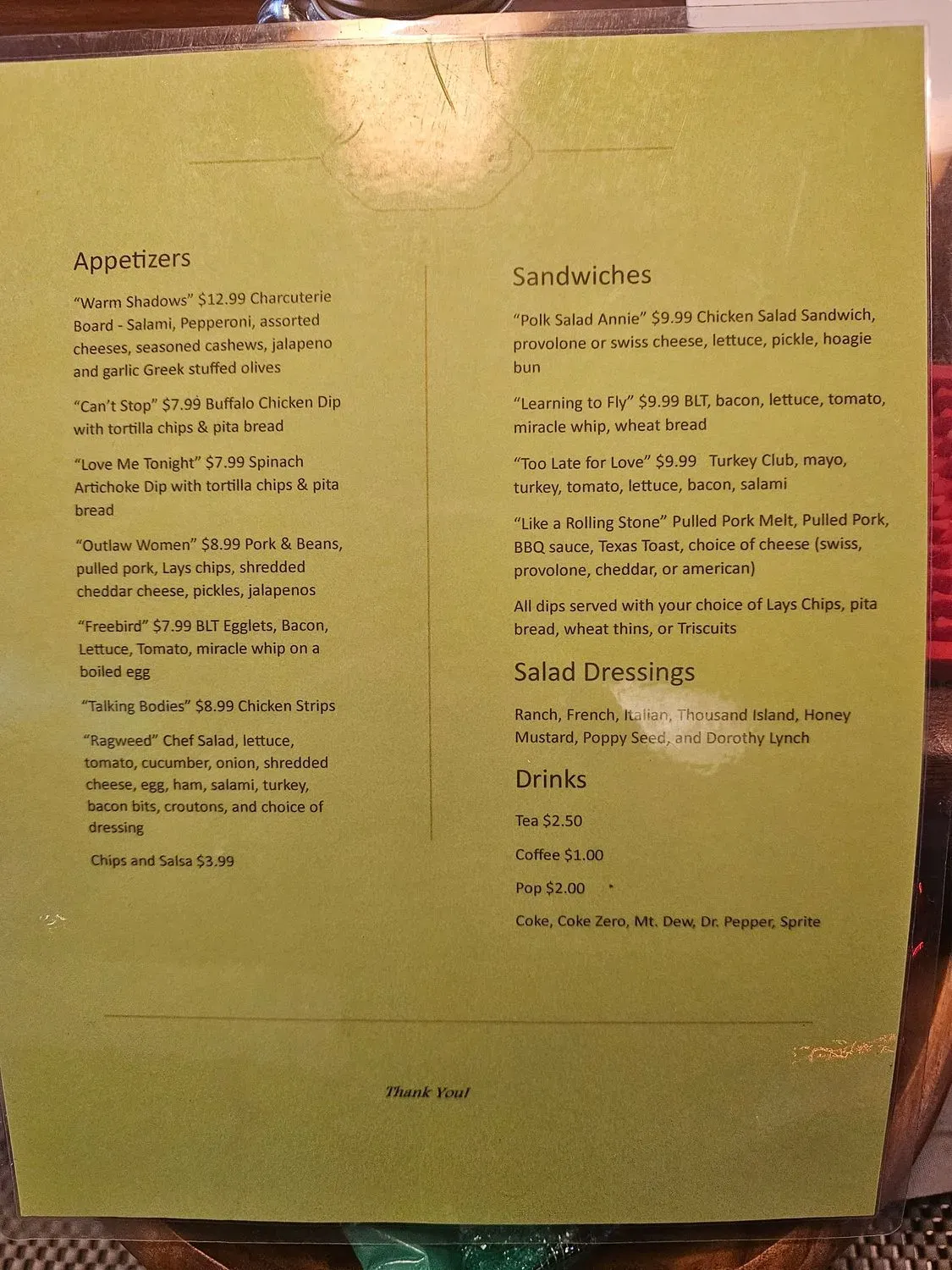Bluebird Lounge Menu - Updated November 2025
